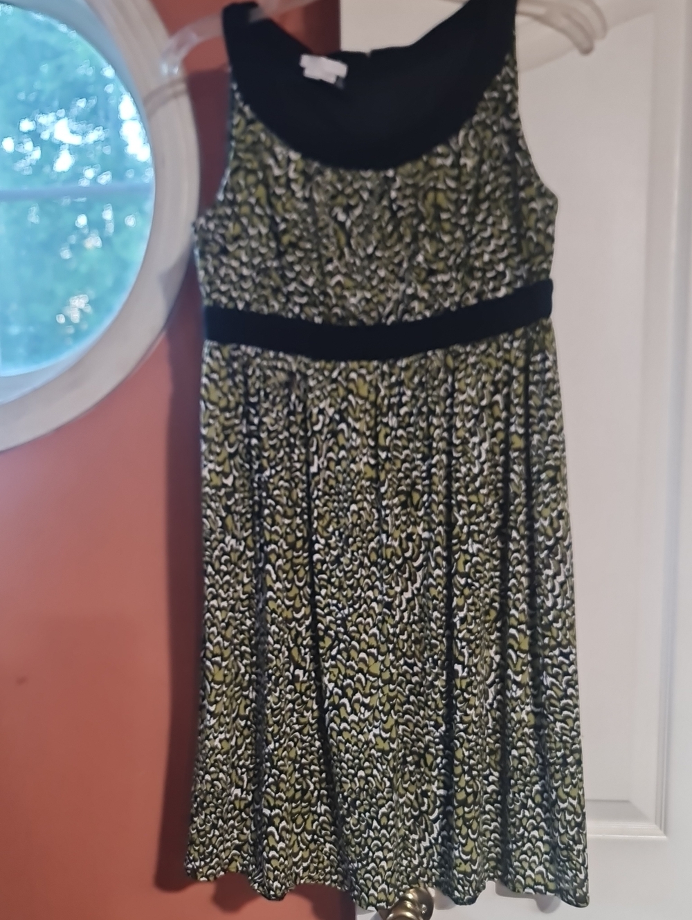 LONDON TIMES Black, Olive & White Patterned Fit-and-Flare Summer Dress Sz. 10